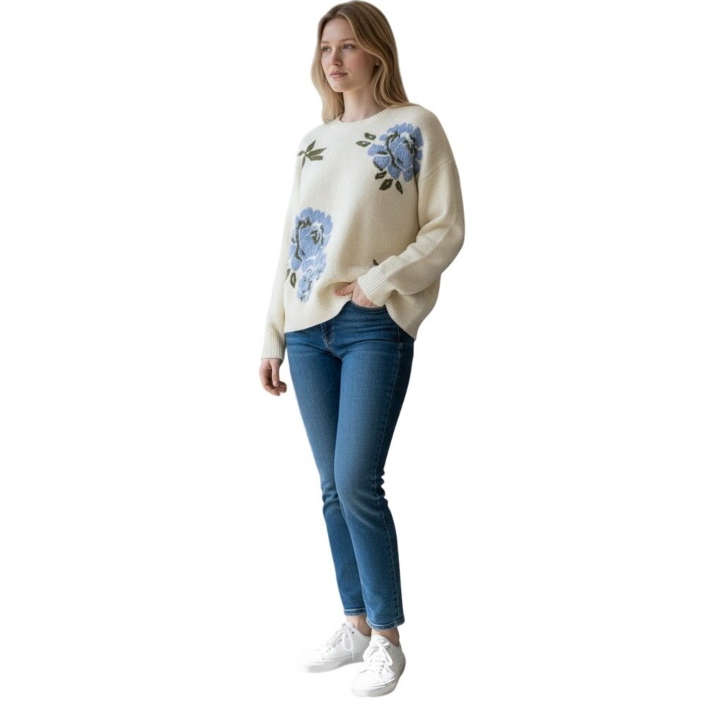 NWT Ted Baker London Floral Embroidered Wool Alpaca Blend Cream Sweater Women XL
